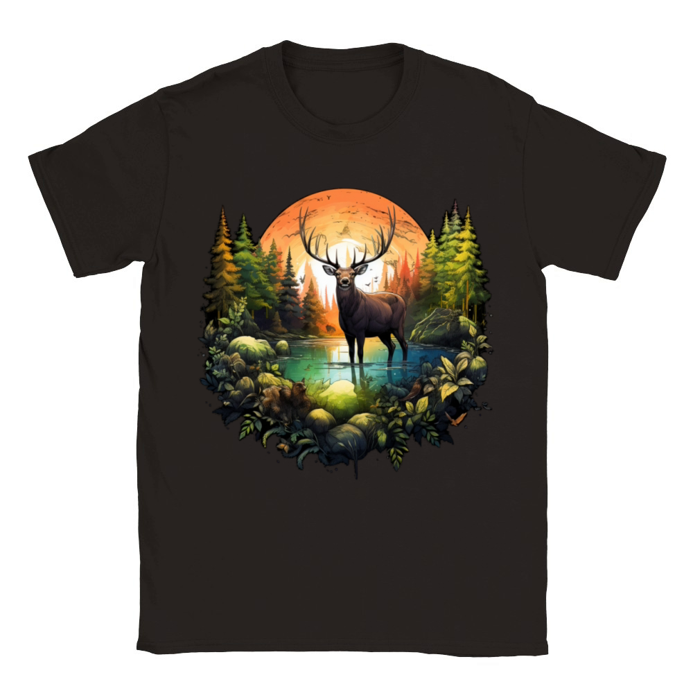 Reindeer between trees river and nature Classic Kids Crewneck T-shirt