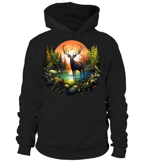 Reindeer between trees river and nature Hoodie Unisex
