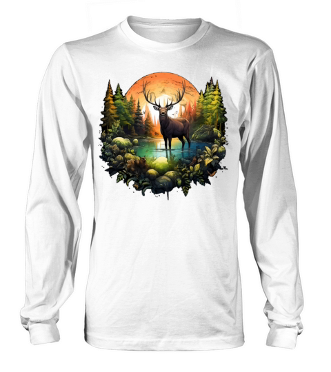 Reindeer between trees river and nature Long sleeved Unisex