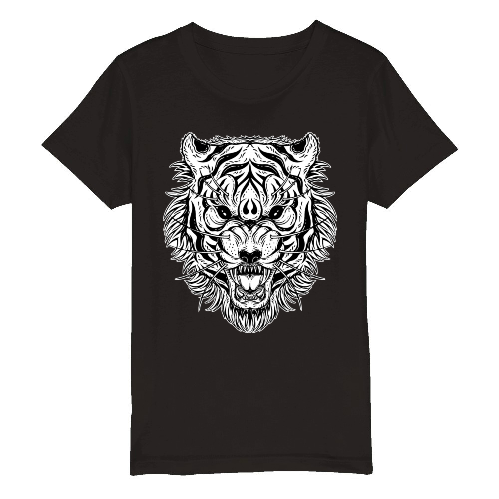 Dark Indignant Tiger Head Organic Kids Crewneck T-shirt