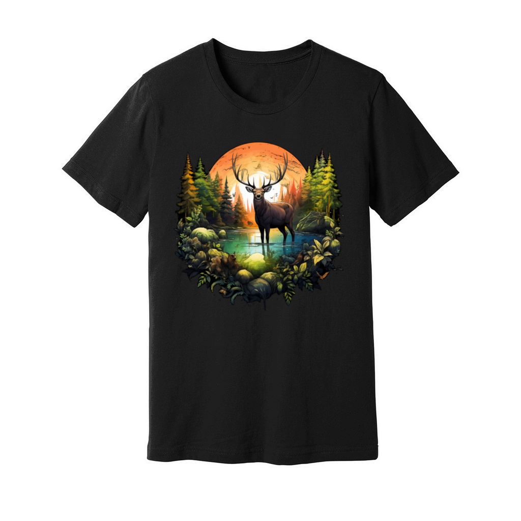 Reindeer between trees river and nature Unisex Jersey Tee