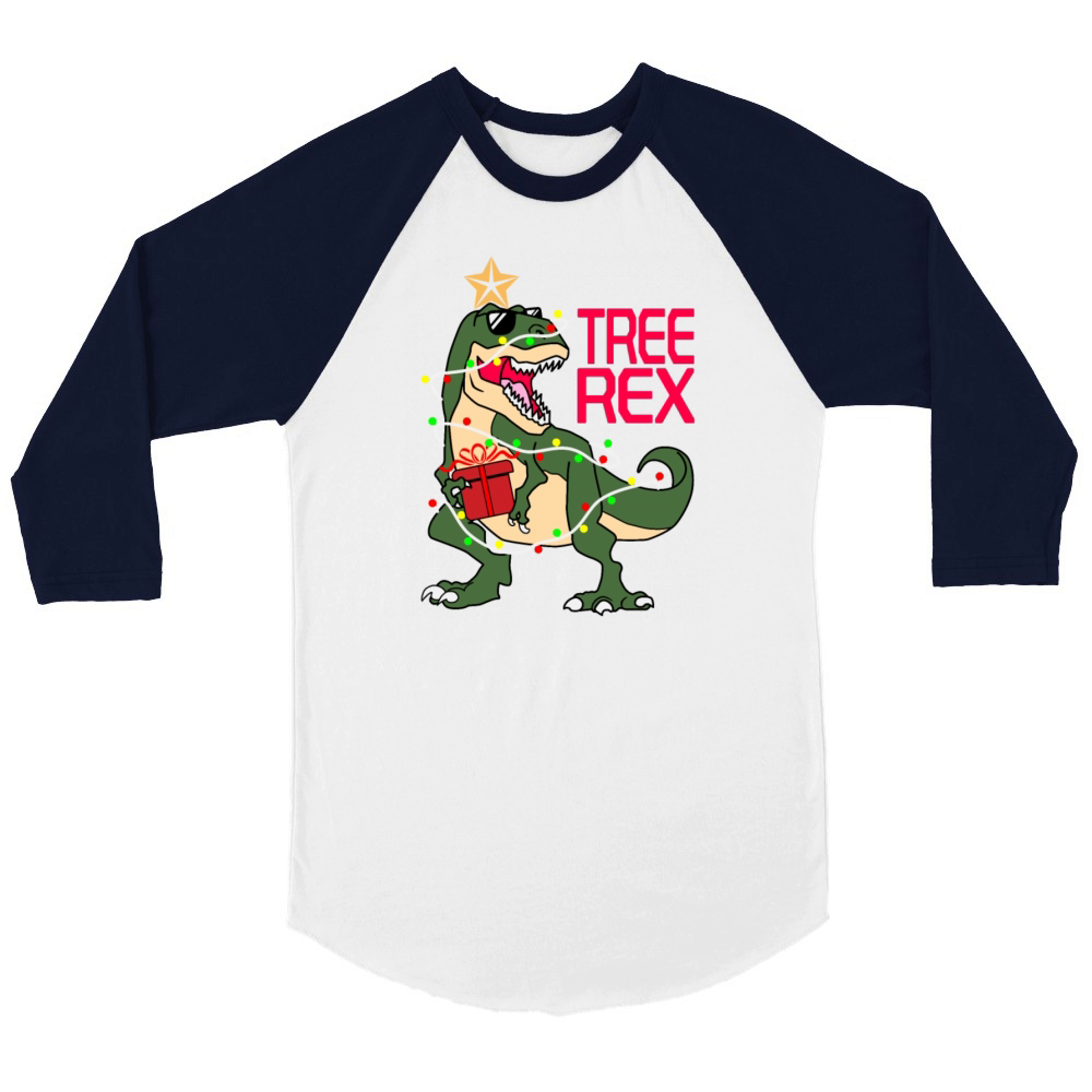 Christmas Dinosaur Tree Rex T-Shirt Unisex ¾ sleeve Raglan T-shirt