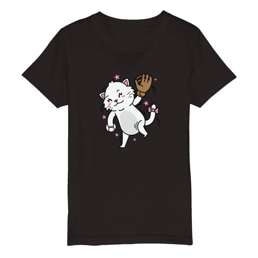 Cat playing Baseball Sport Hobby Pet Organic Kids Crewneck T-shirt