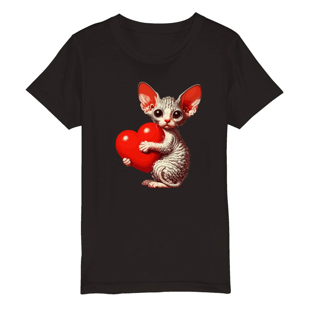 Cute Valentines Day Cornish Rex Cat With Heart Organic Kids Crewneck T-shirt