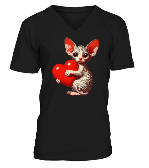 Cute Valentines Day Cornish Rex Cat With Heart V-Neck T-shirt