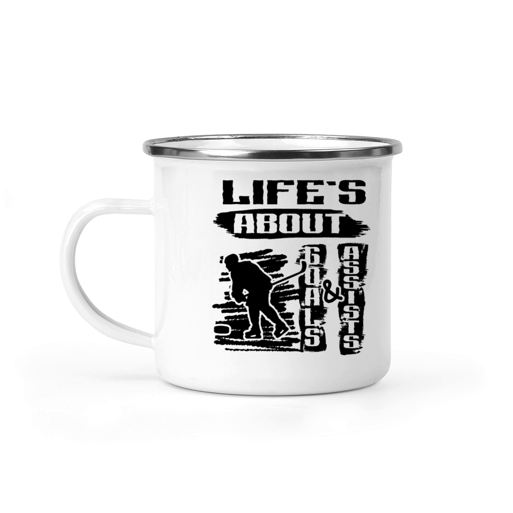 Lifes About Goals And Assists Hockey Black Design Camping Mug