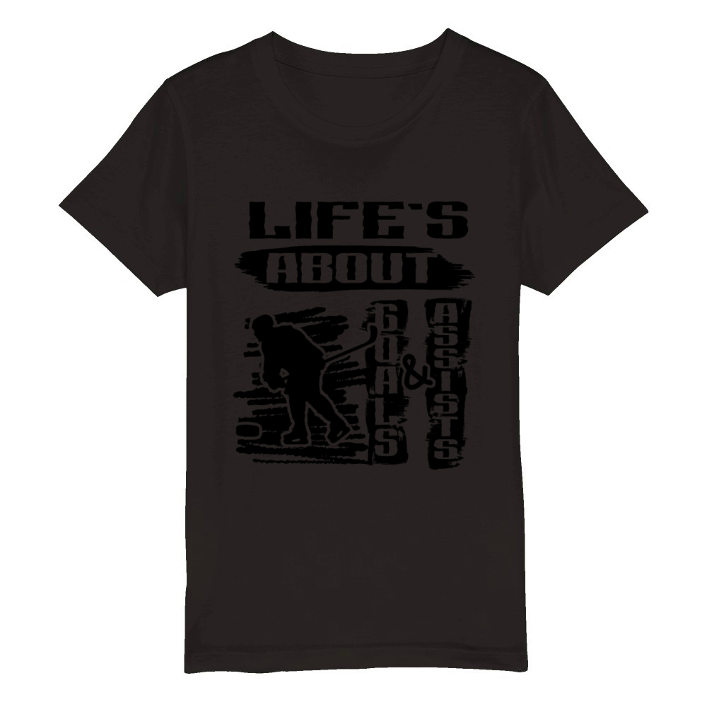 Lifes About Goals And Assists Hockey Black Design Organic Kids Crewneck T-shirt