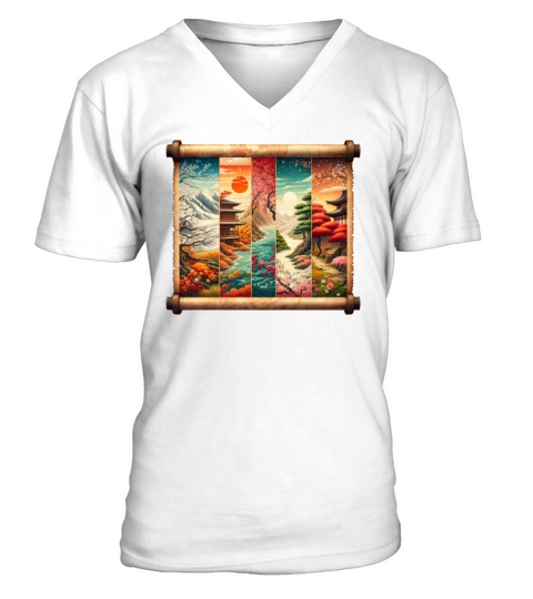 Winter Autumn Season Scenery Papyrus Scroll V-Neck T-shirt