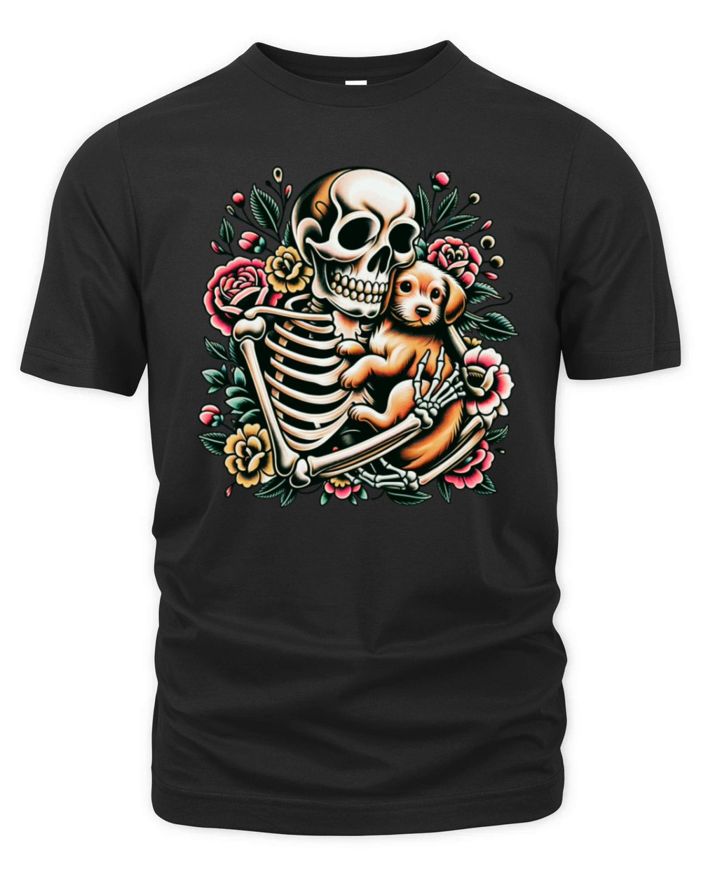 Skeleton Cute Puppy Dog Floral Old School Vintage Organic Unisex T-shirt
