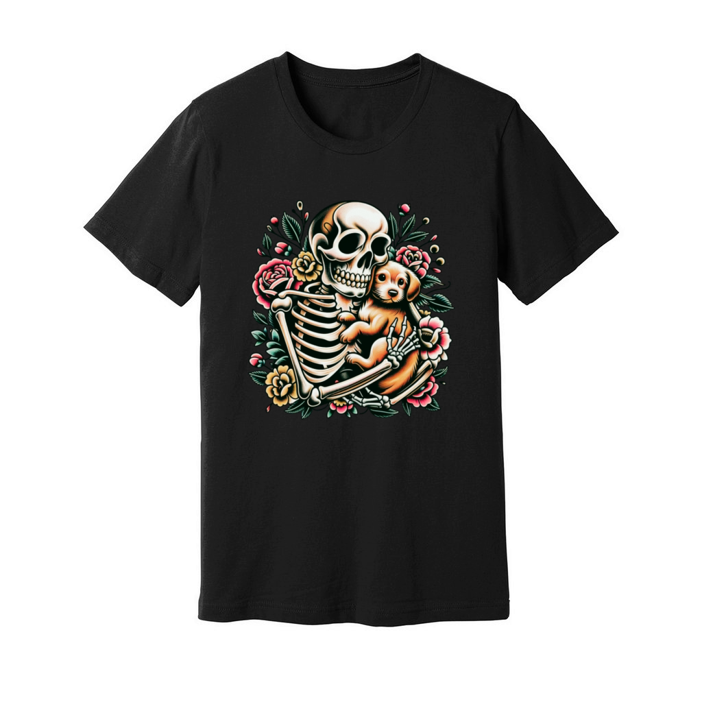Skeleton Cute Puppy Dog Floral Old School Vintage Unisex Jersey Tee