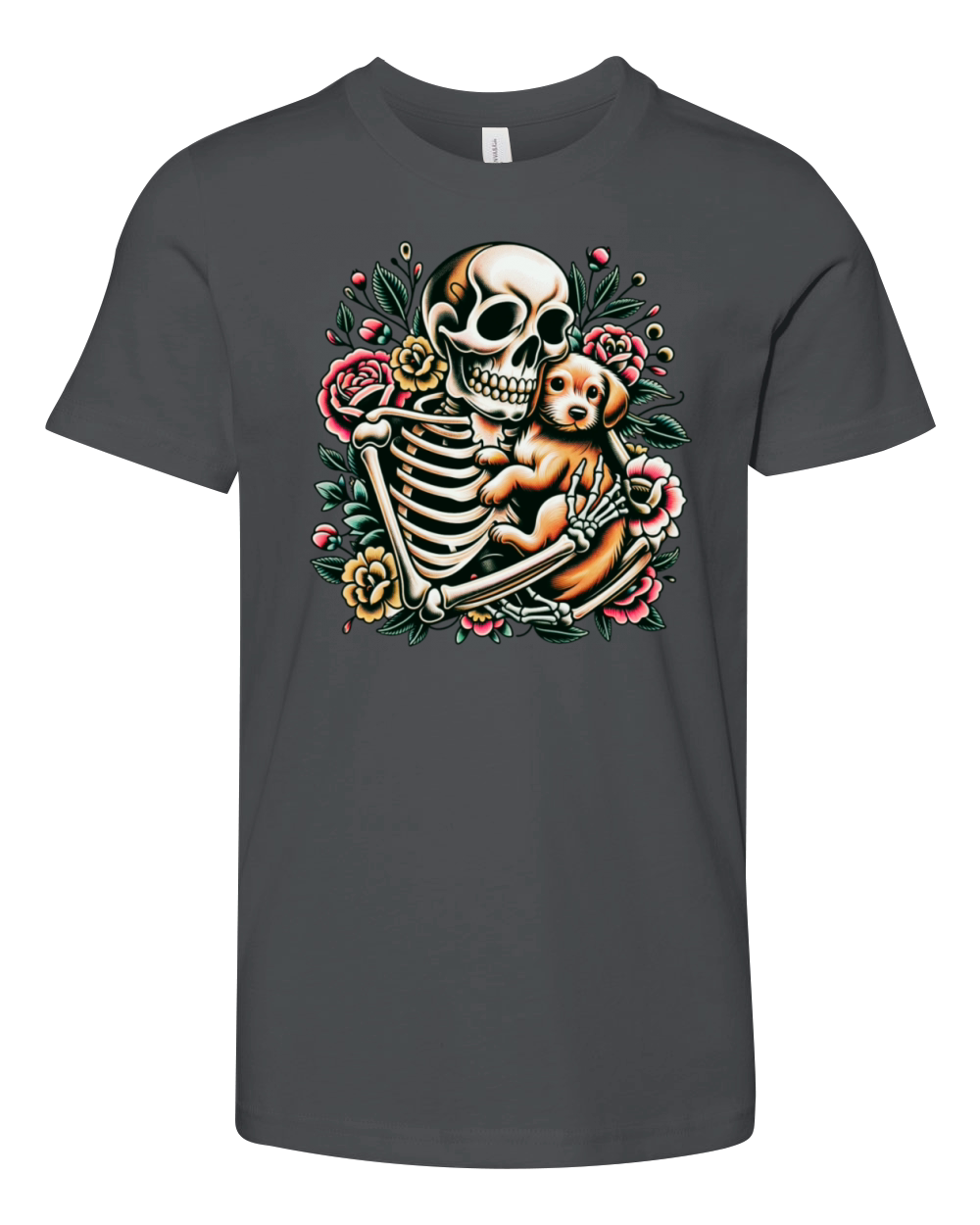 Skeleton Cute Puppy Dog Floral Old School Vintage Youth Unisex Jersey Tee