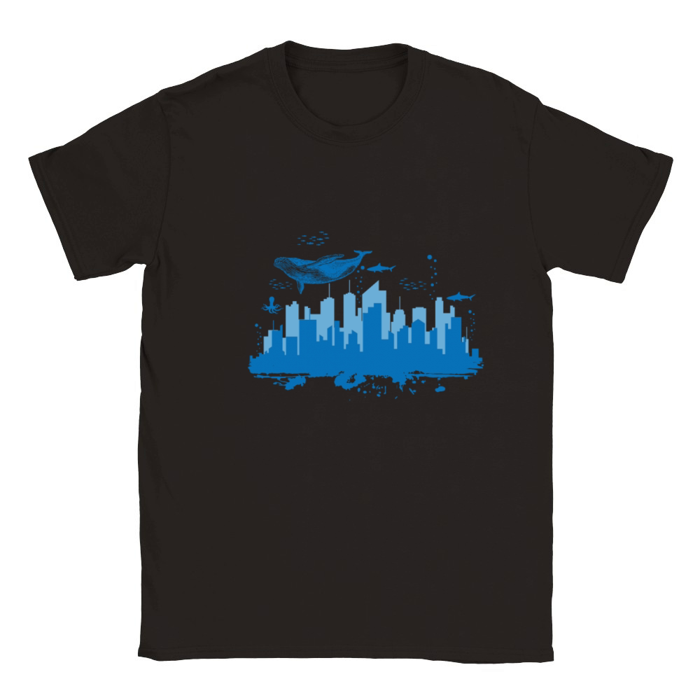 Skyline Underwater World with Blue Whale City Classic Kids Crewneck T-shirt