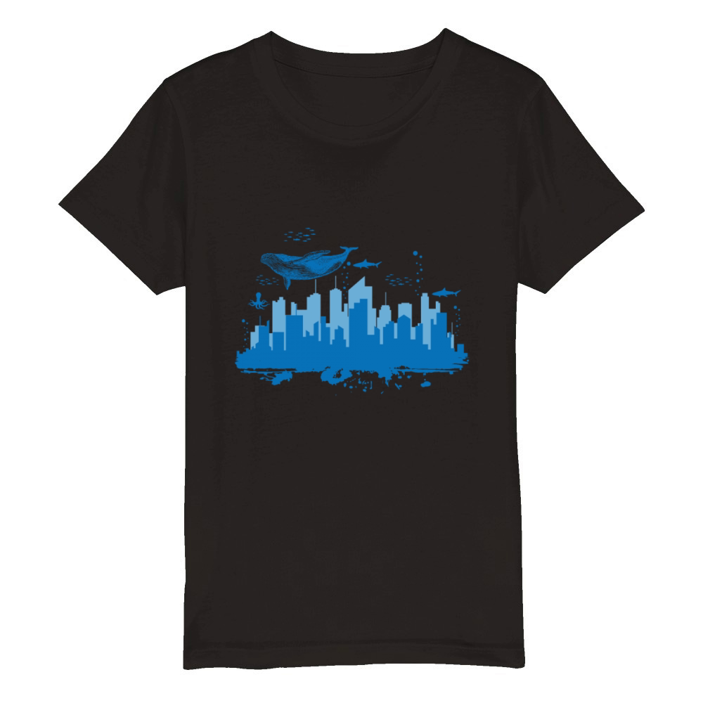 Skyline Underwater World with Blue Whale City Organic Kids Crewneck T-shirt