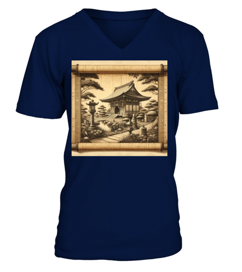 Classic Temple Shrine Scenery Papyrus Scroll V-Neck T-shirt