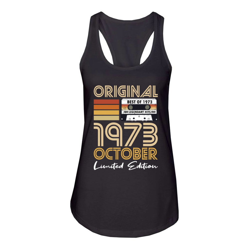 50th birthday october 1973 original 1973 Women's Racerback Tank