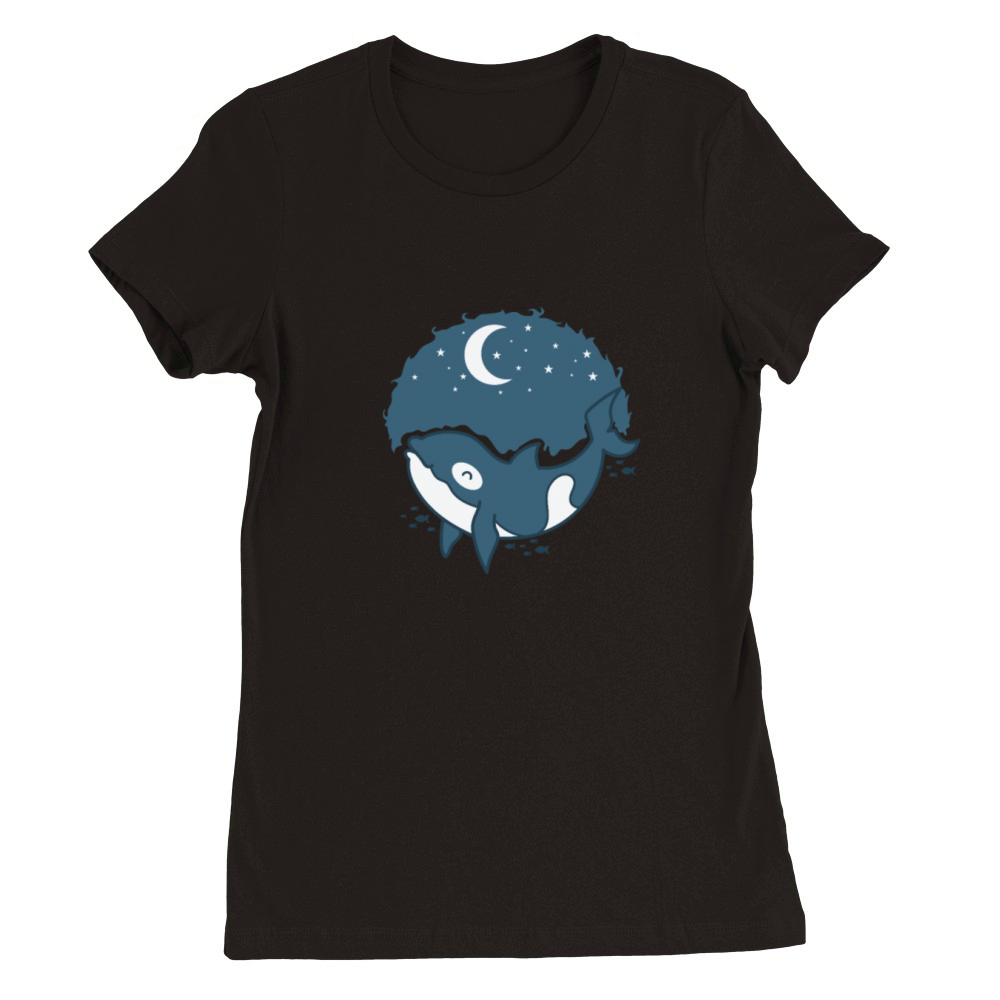 Whale with Moon with Stars Premium Womens Crewneck T-shirt