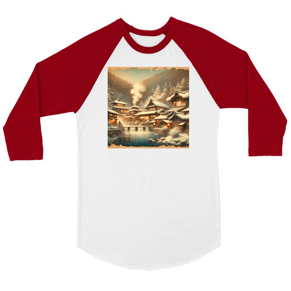 Classic Scenery Papyrus Scroll Onsen Japanese Art Unisex ¾ sleeve Raglan T-shirt