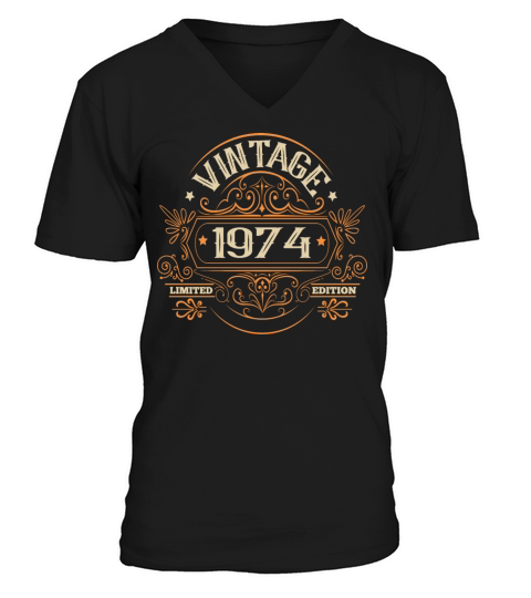 Vintage 1974 Birthday Royal with Ornaments V-Neck T-shirt