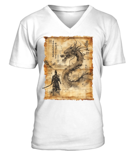 Retro Dragon Papyrus Scroll Japanese Art V-Neck T-shirt