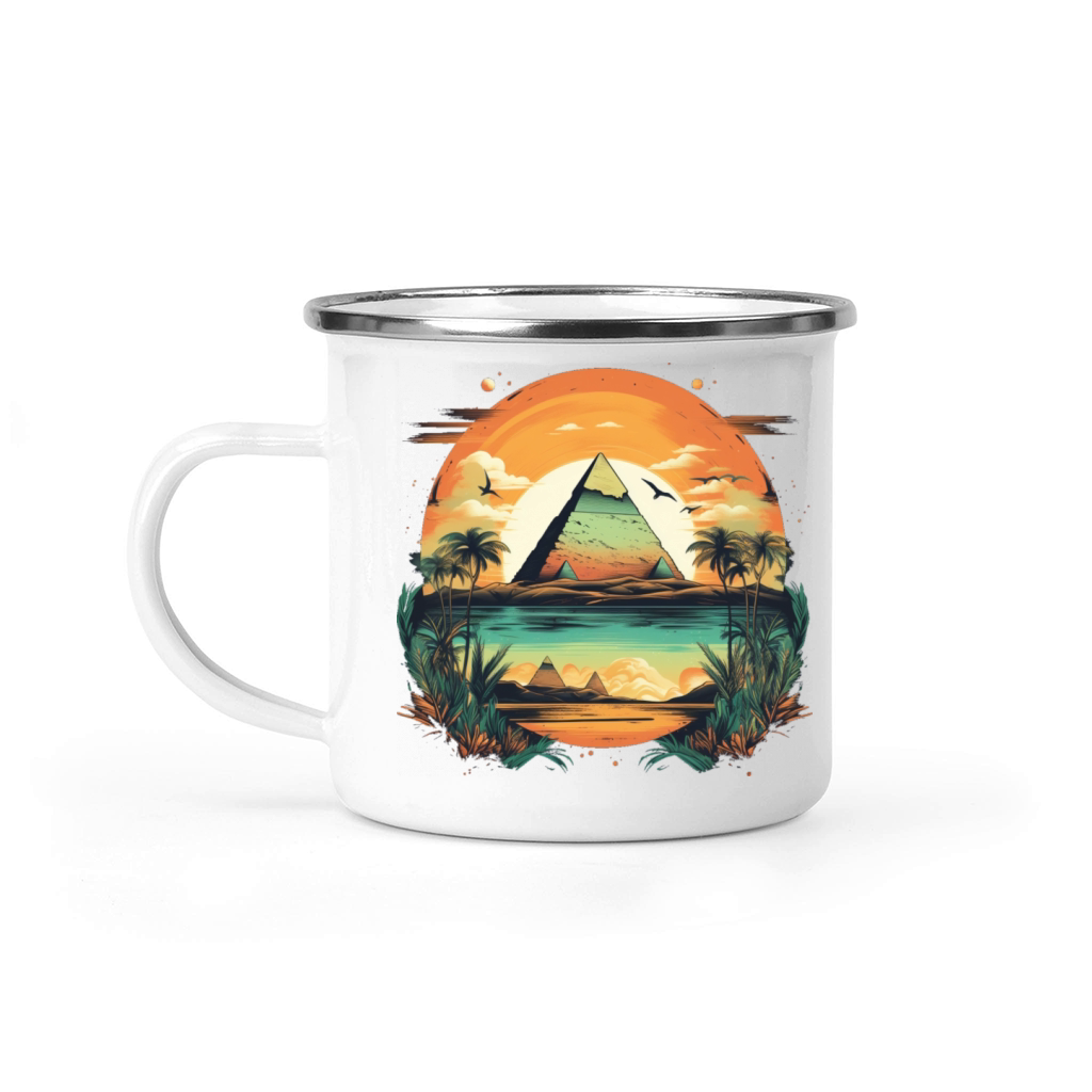 The pyramids the Nile River and date palms Camping Mug