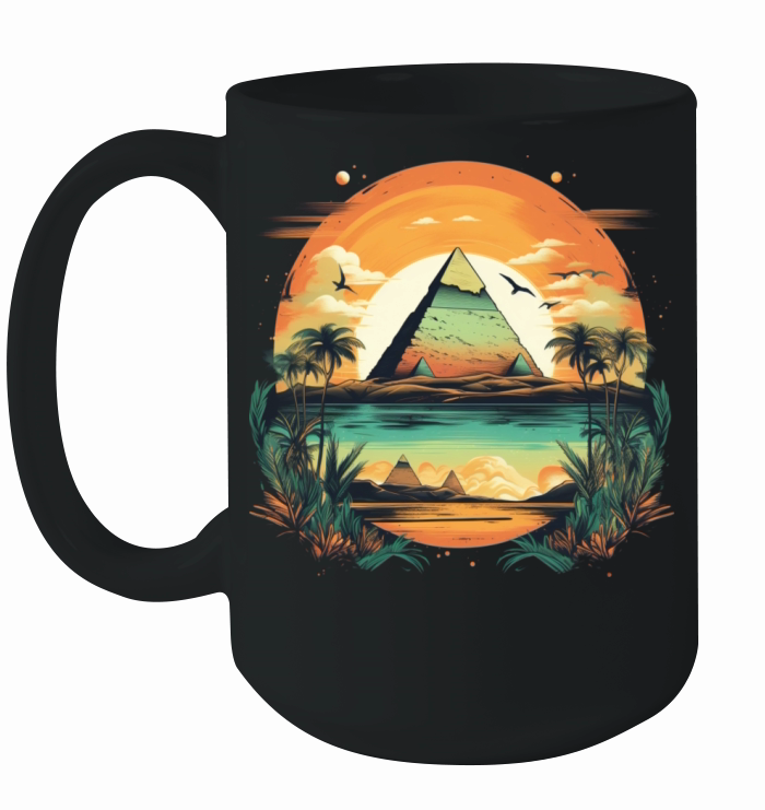The pyramids the Nile River and date palms Ceramic Mug