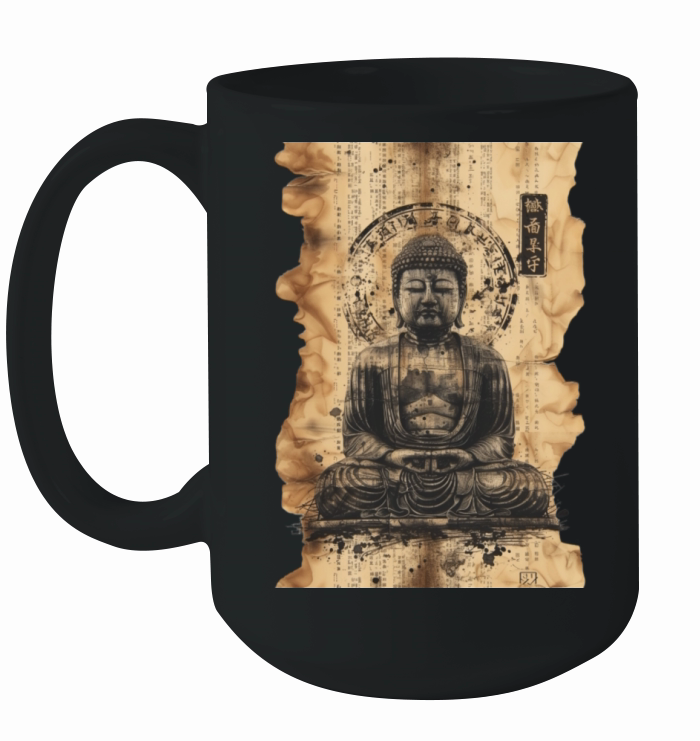 Vintage Papyrus Scroll Japanese Silhouette Buddha Ceramic Mug