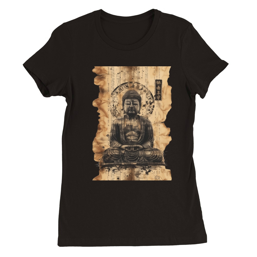 Vintage Papyrus Scroll Japanese Silhouette Buddha Premium Womens Crewneck T-shirt