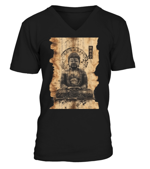 Vintage Papyrus Scroll Japanese Silhouette Buddha V-Neck T-shirt