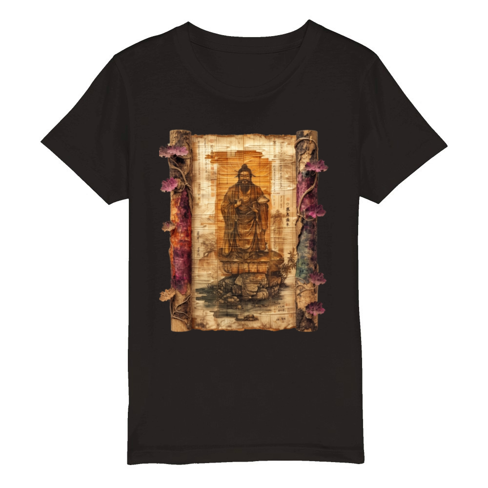 Vintage Papyrus Scroll Japanese God Silhouette Organic Kids Crewneck T-shirt