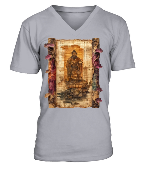 Vintage Papyrus Scroll Japanese God Silhouette V-Neck T-shirt