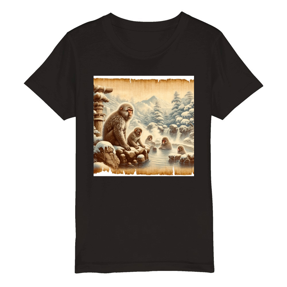 Vintage Animal Macaque Winter Monkey Japanese Art Organic Kids Crewneck T-shirt