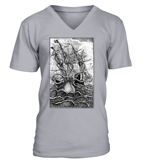 Vintage Kraken attacking ship illustration V-Neck T-shirt