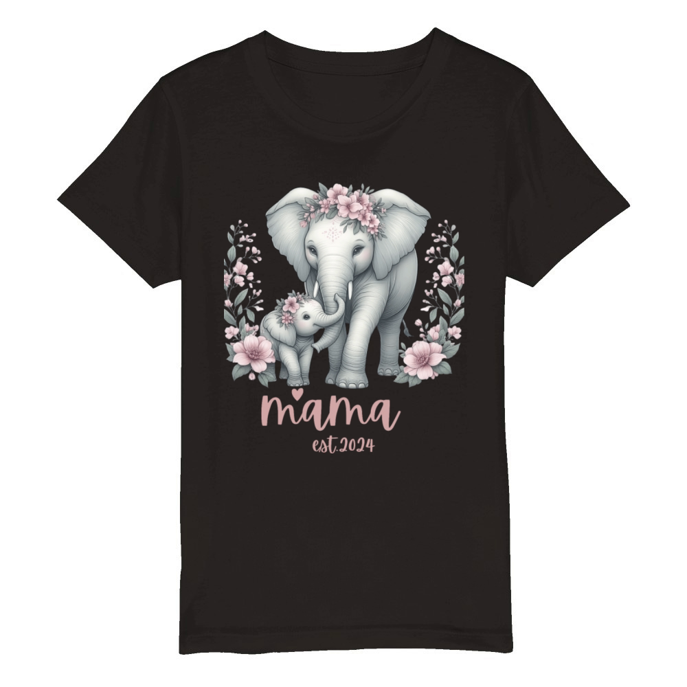 Mama 2024 Elephant Floral Wreath Celebration Organic Kids Crewneck T-shirt