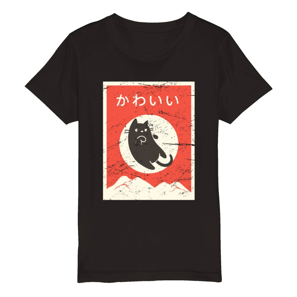 "Kawaii" Retro Kawaii Japanese Cat Neko Organic Kids Crewneck T-shirt