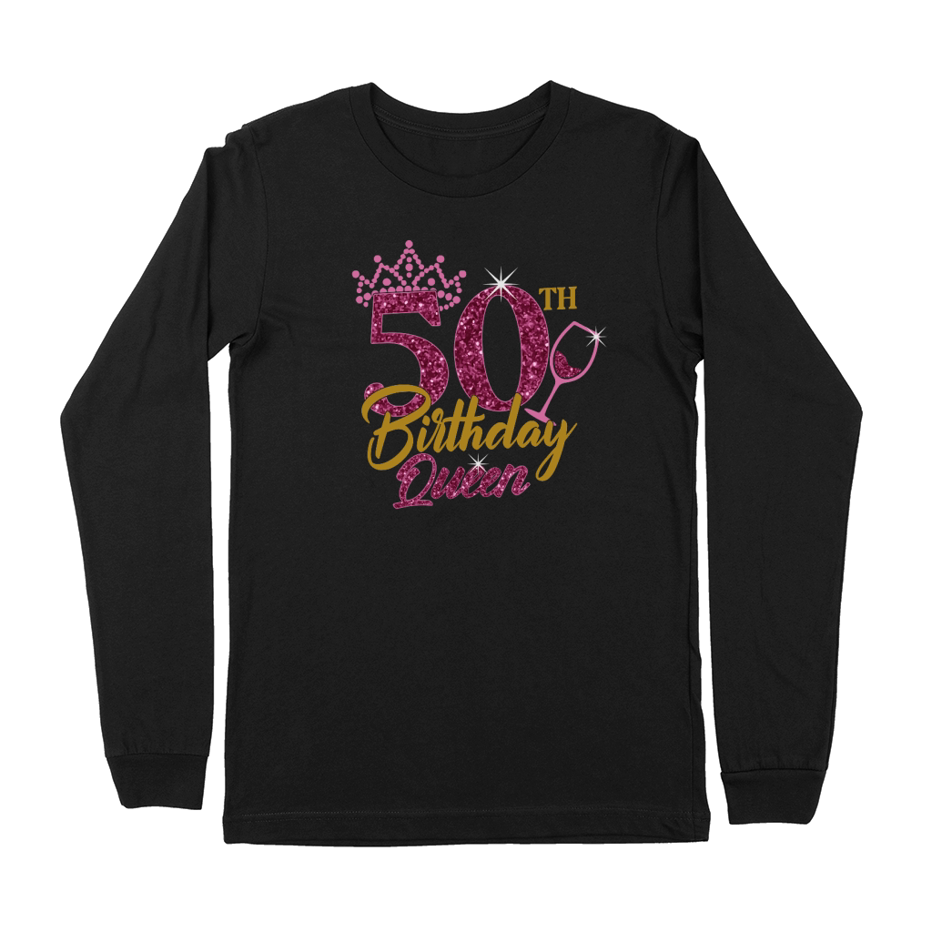 50th Birthday Queen Rhinestone and Glitter Birthday Premium Long Sleeve