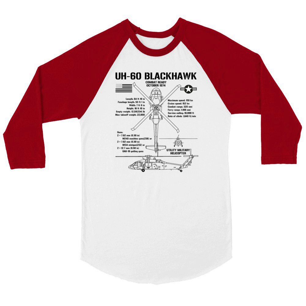 UH-60 Blackhawk Attack Helicopter Specs Helo UH60 Unisex ¾ sleeve Raglan T-shirt