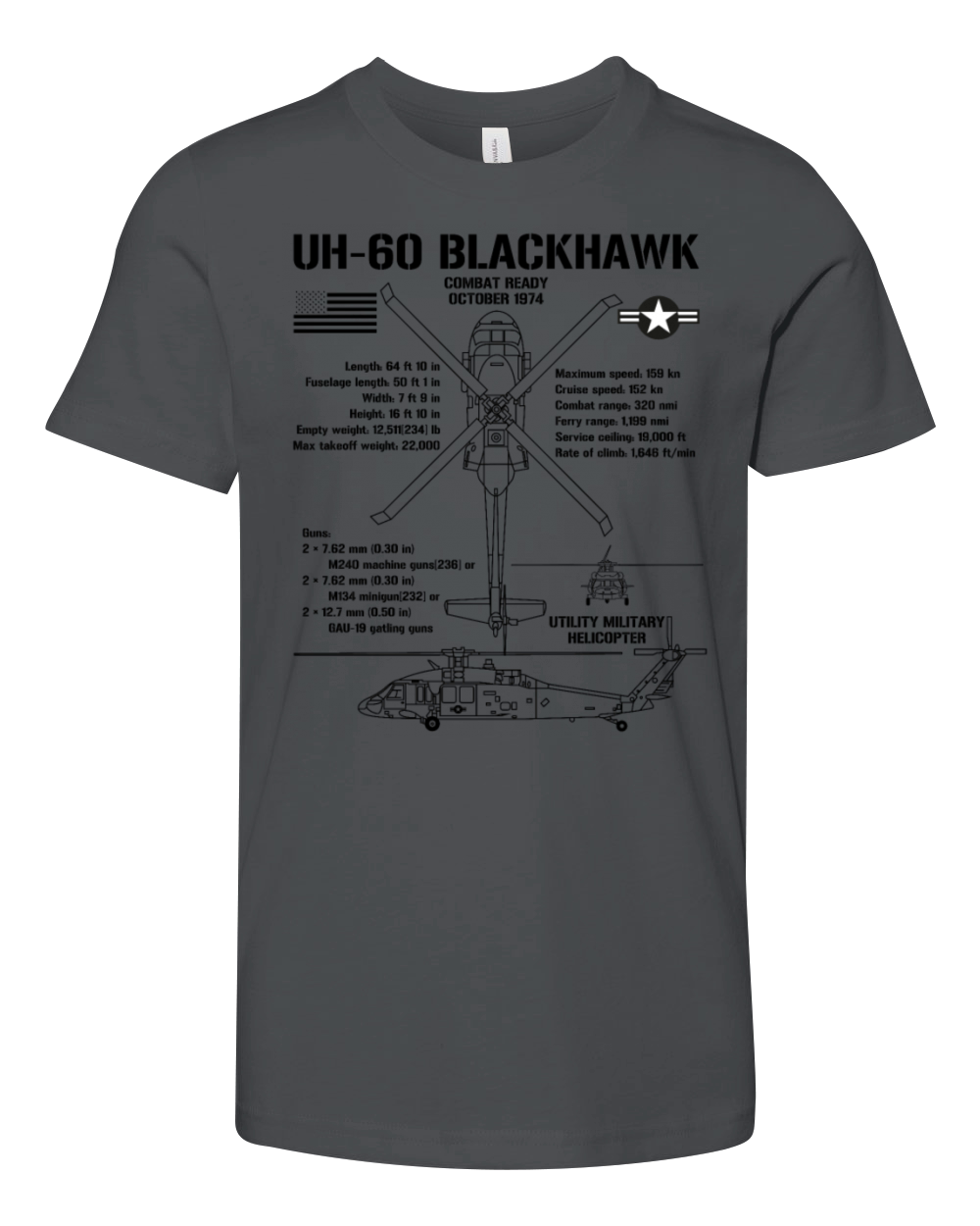 UH-60 Blackhawk Attack Helicopter Specs Helo UH60 Youth Unisex Jersey Tee