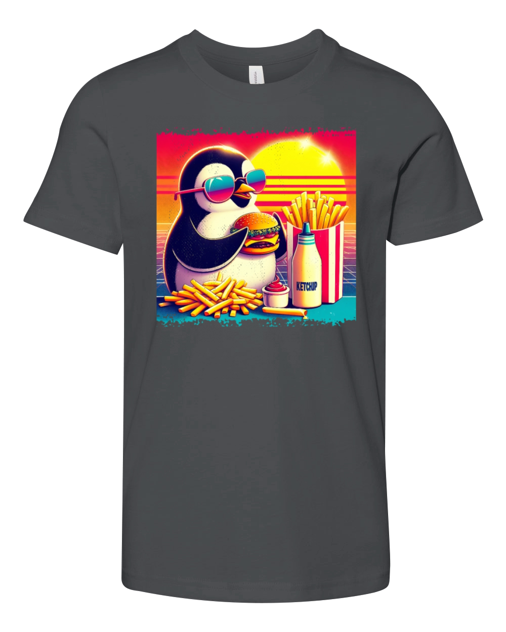Vintage Penguin in Retro Sunset Dining Youth Unisex Jersey Tee
