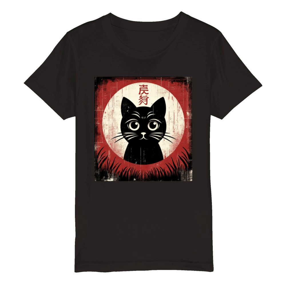 Silhouette Japanese Kitten Retro Cute Vintage Cat Organic Kids Crewneck T-shirt