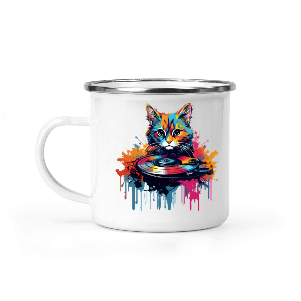 Colorful Cat at turntable Camping Mug