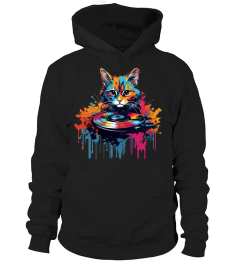 Colorful Cat at turntable Hoodie Unisex