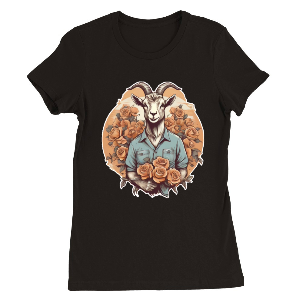 Romantic young goat with bouquet of roses vintage Premium Womens Crewneck T-shirt
