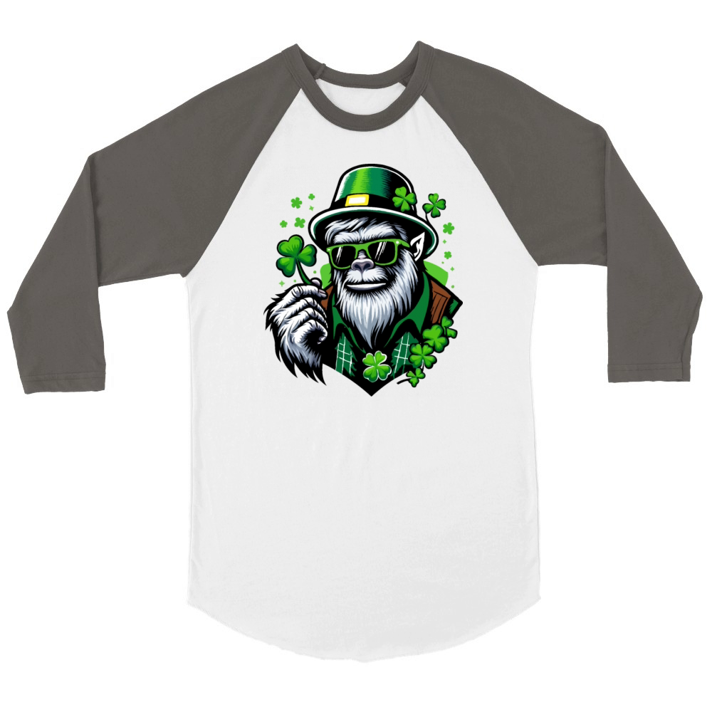 St Patricks Day Bigfoot Irish Sasquatch Shamrock Unisex ¾ sleeve Raglan T-shirt