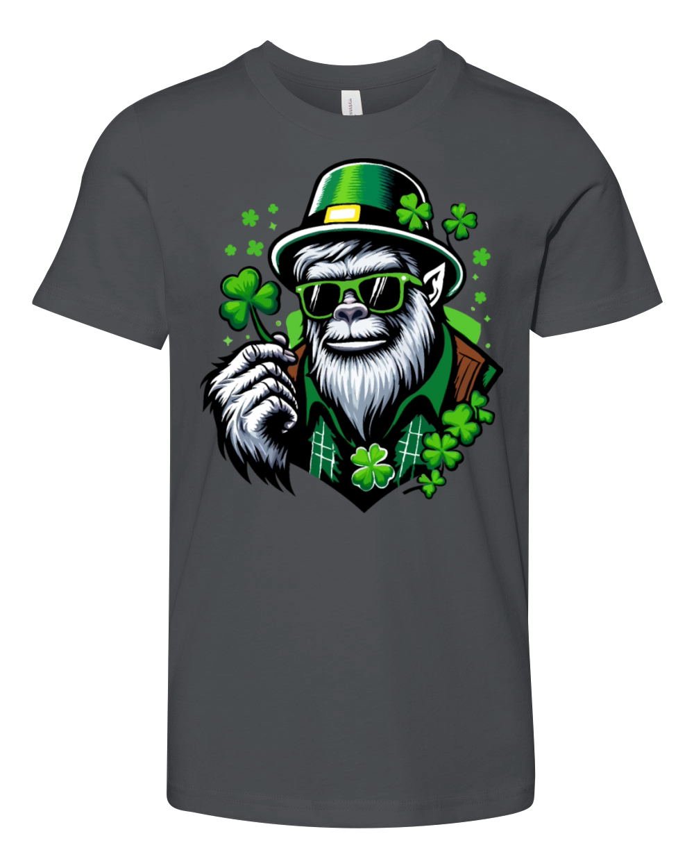 St Patricks Day Bigfoot Irish Sasquatch Shamrock Youth Unisex Jersey Tee