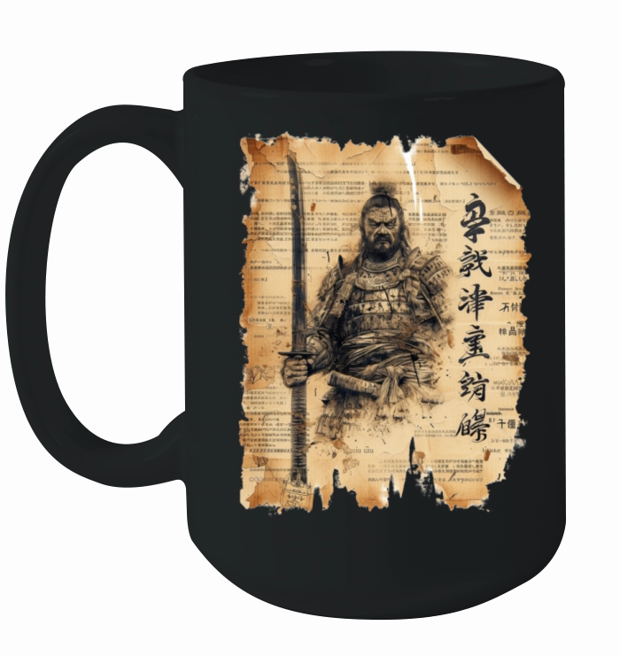 Vintage Papyrus Scroll Japanese Silhouette Samurai Ceramic Mug