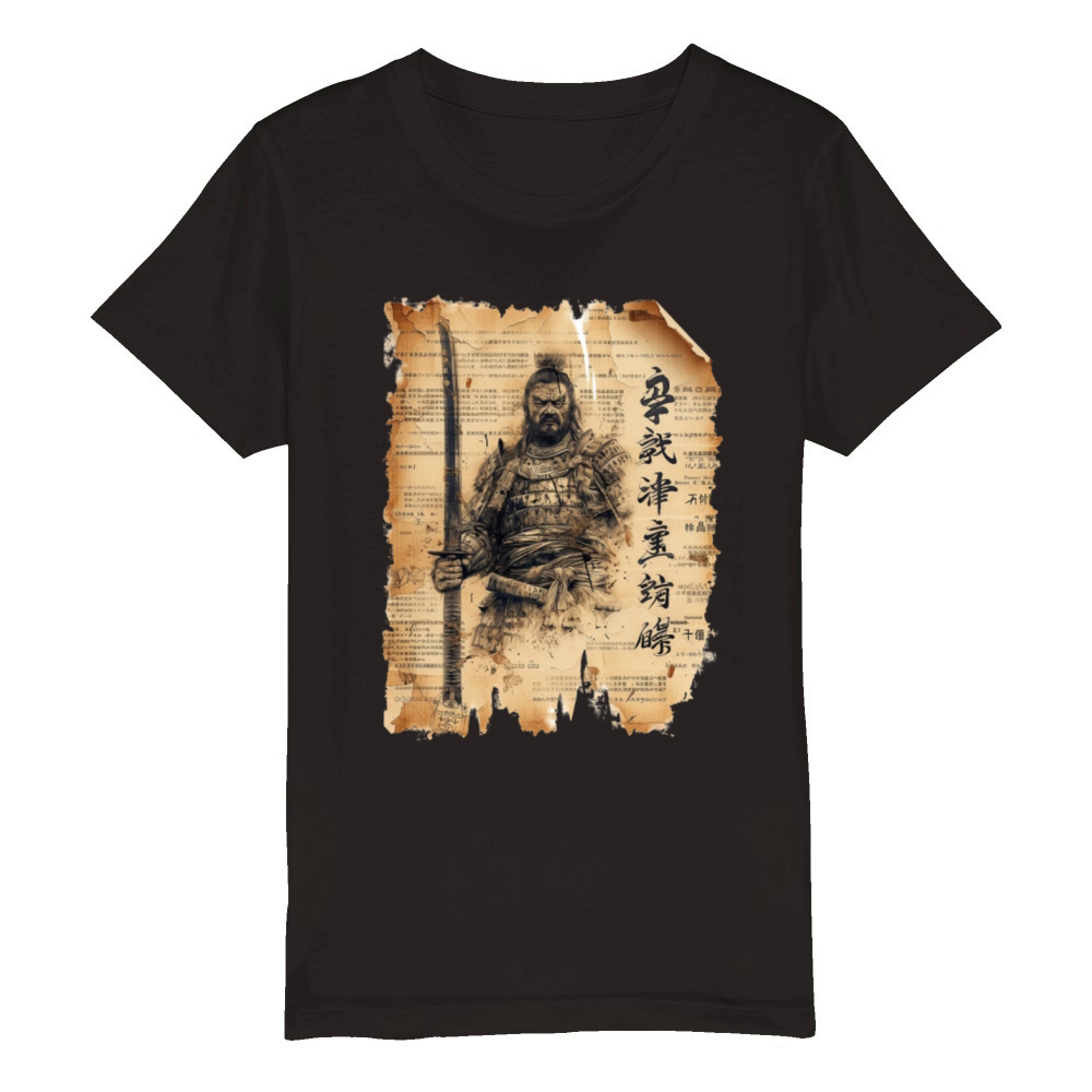 Vintage Papyrus Scroll Japanese Silhouette Samurai Organic Kids Crewneck T-shirt