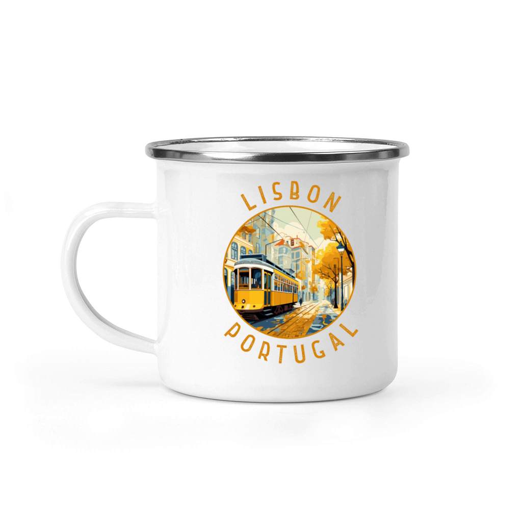 Lisbon Portugal Yellow Tram Retro Distressed Camping Mug