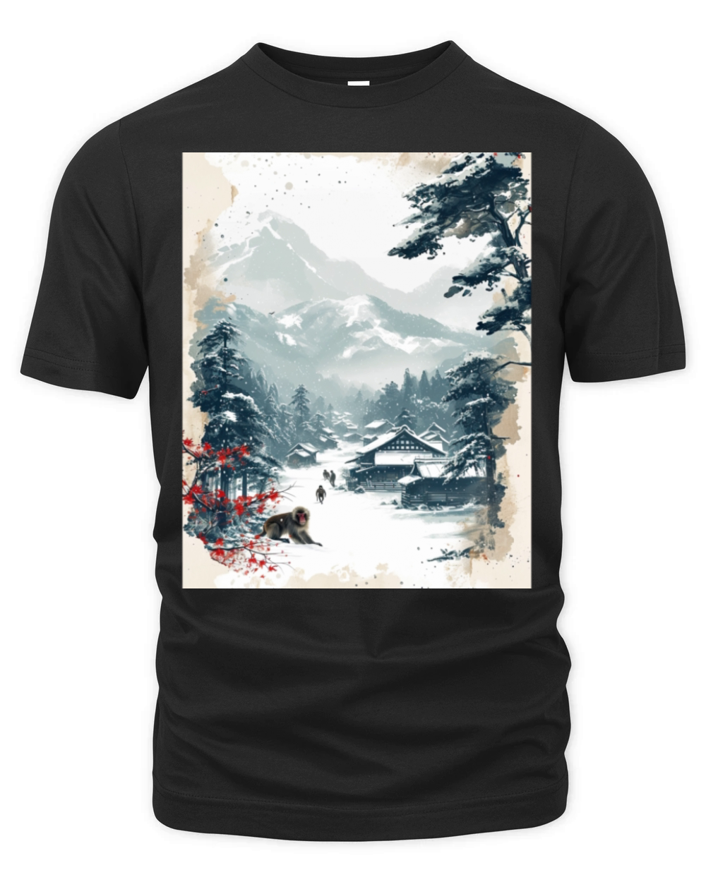 Vintage Animal Macaque Winter Monkey Japanese Art Organic Unisex T-shirt