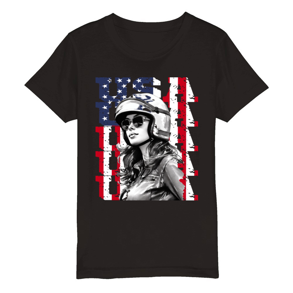 Vintage Motorcycle American Flag Helmet Biker Organic Kids Crewneck T-shirt
