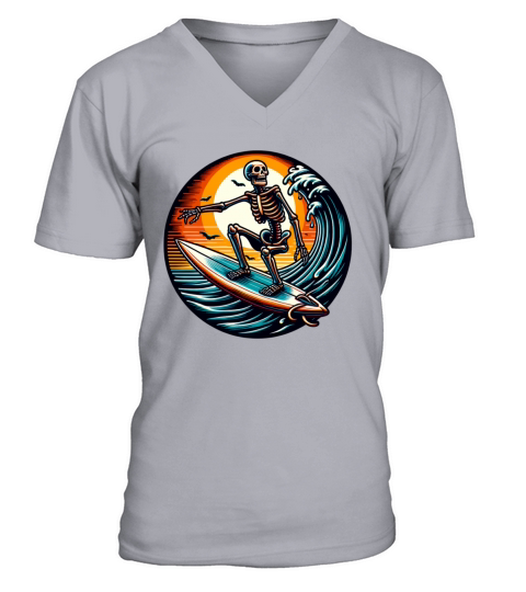 Vintage Surfing Skeleton Shirt Halloween Surfboard V-Neck T-shirt